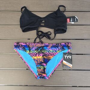 TYR Womens  Durafast Solid Black Crosscutfit Tieback  W/ Sumatra Bikini Sz L NEW